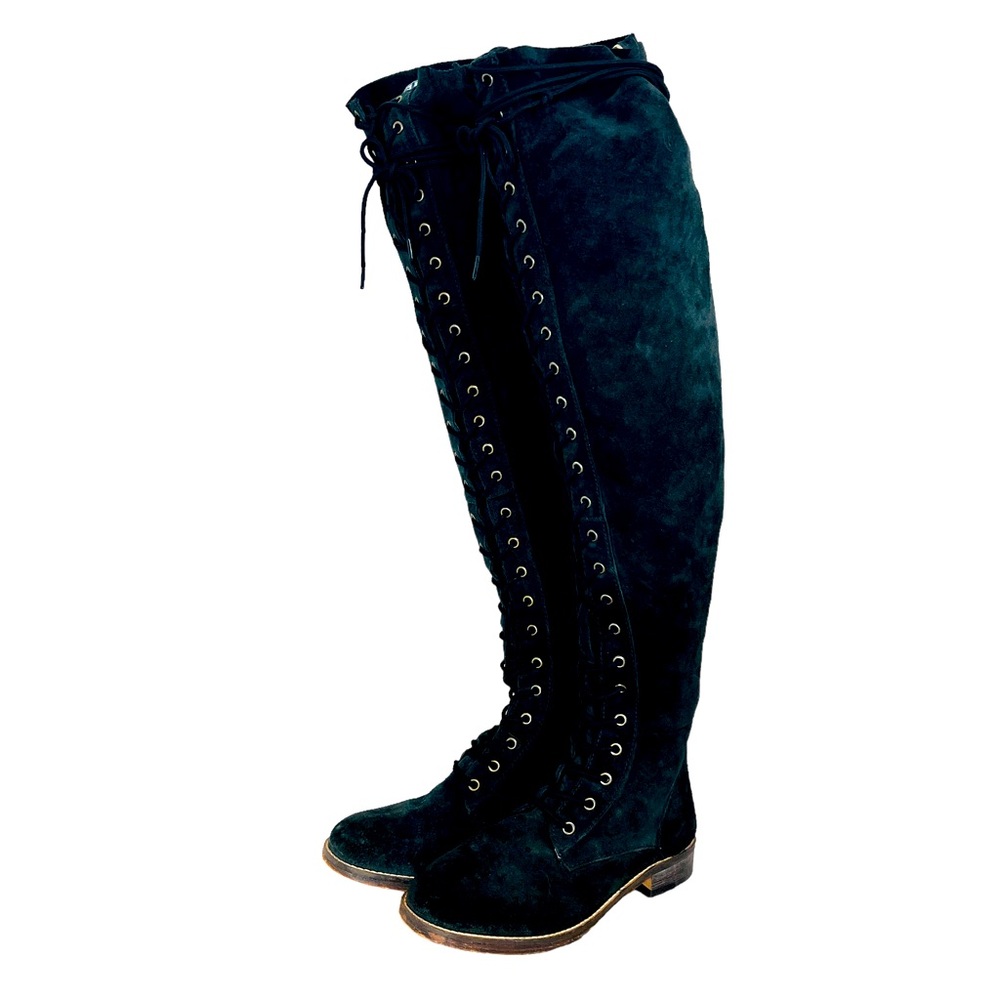 🖤 Free People Black Suede Tall Lace Up Over the Knee Boots